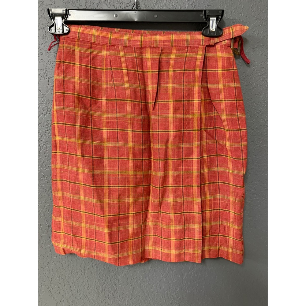 Petite Sophisticate orange Plaid Linen Blend Wrap Skirt Size 8P Knee Length
